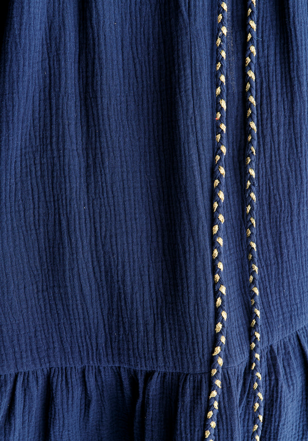 Cheesecloth Swing Dress in Navy Close Up